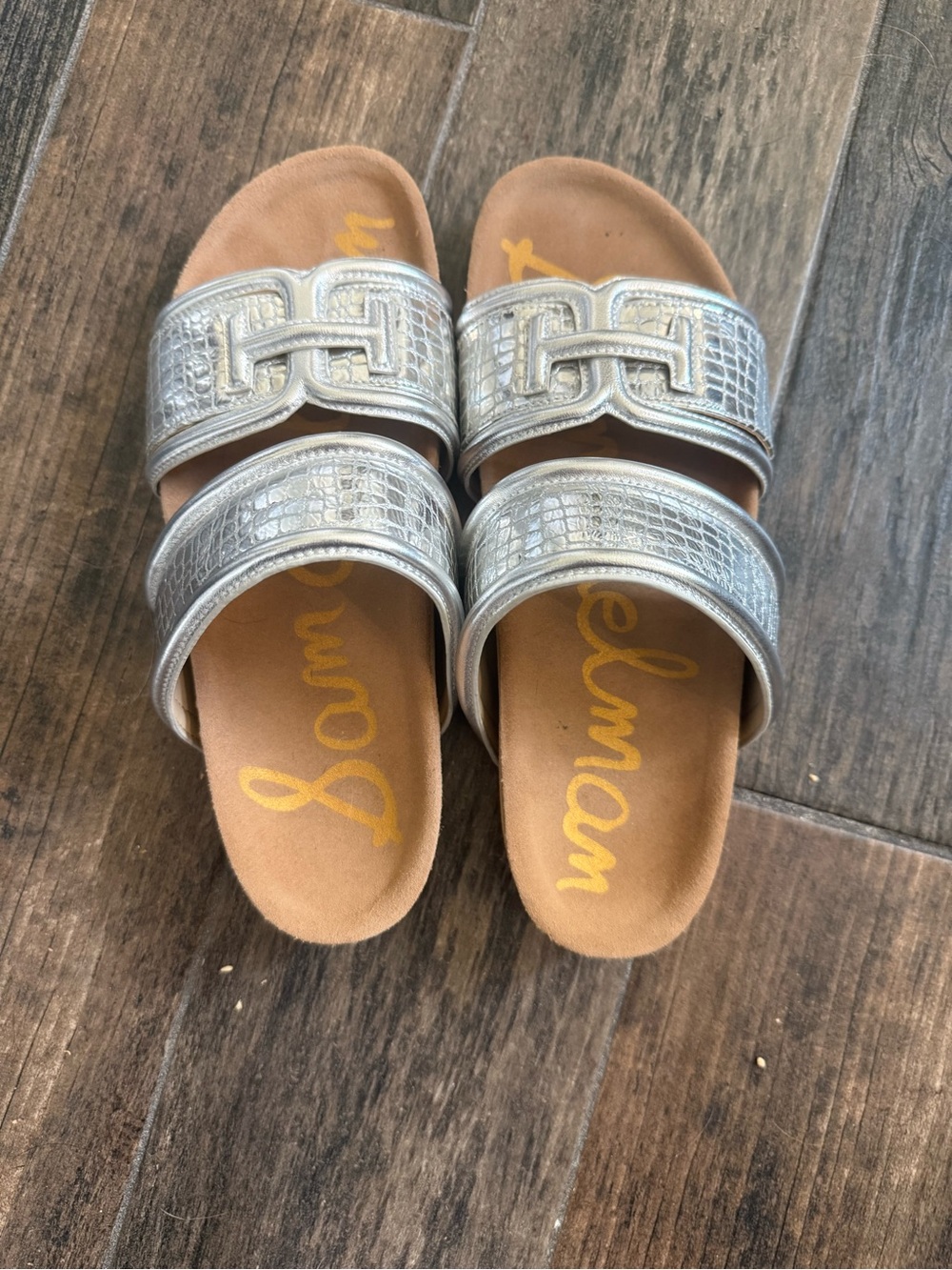 Sam Edelman Silver Croc-Embossed Double-Strap Slide Sandals